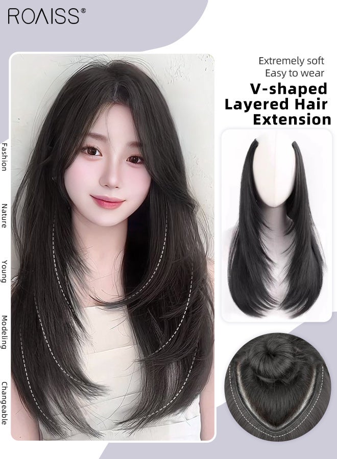 roaiss V-Shaped Layered Straight Hair Invisible Clip-in Extension, One Piece Hair Extension Wig with 5 Clips, Heat Resistant Synthetic Hairpiece for Women , Increase Hair Volume Brown Black, 55cm (21.7 inches) - Image 1